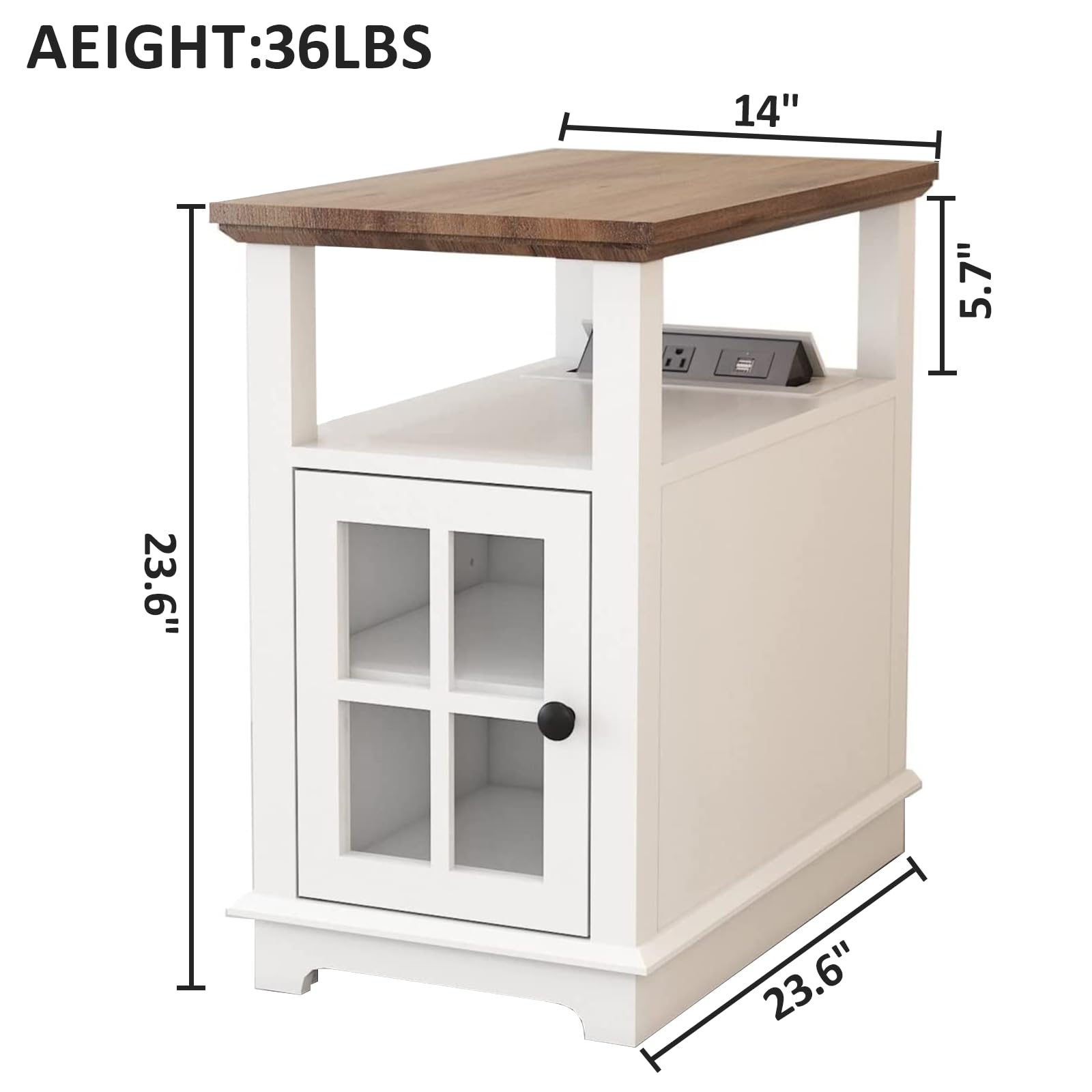 End Table with Charging Station, White Side Table with Storage, 2 Power outlets