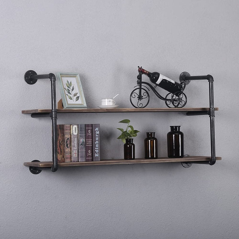 Industrial Pipe Shelving Wall Mounted,Rustic Metal Floating Shelves,Real Wood Book