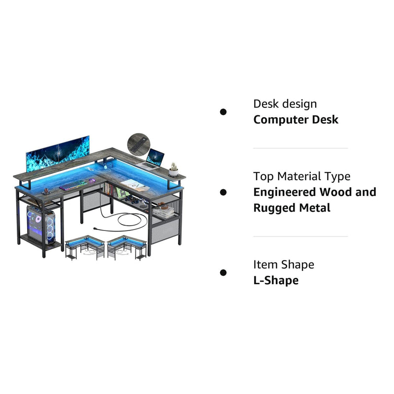 L Shaped Computer Desk, Reversible Corner Desk with Power Outlet and LED Strip