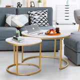 Coffee Table Nesting White Set of 2 Side Set Golden Frame Circular