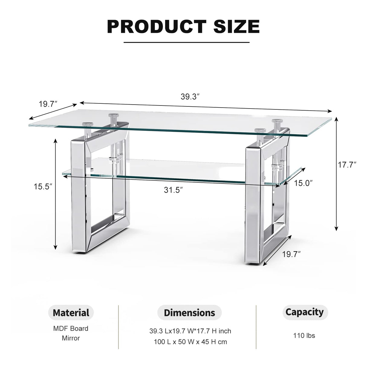 Glass Coffee Table with 2 Tier Glass Boards & Sturdy Metal Legs