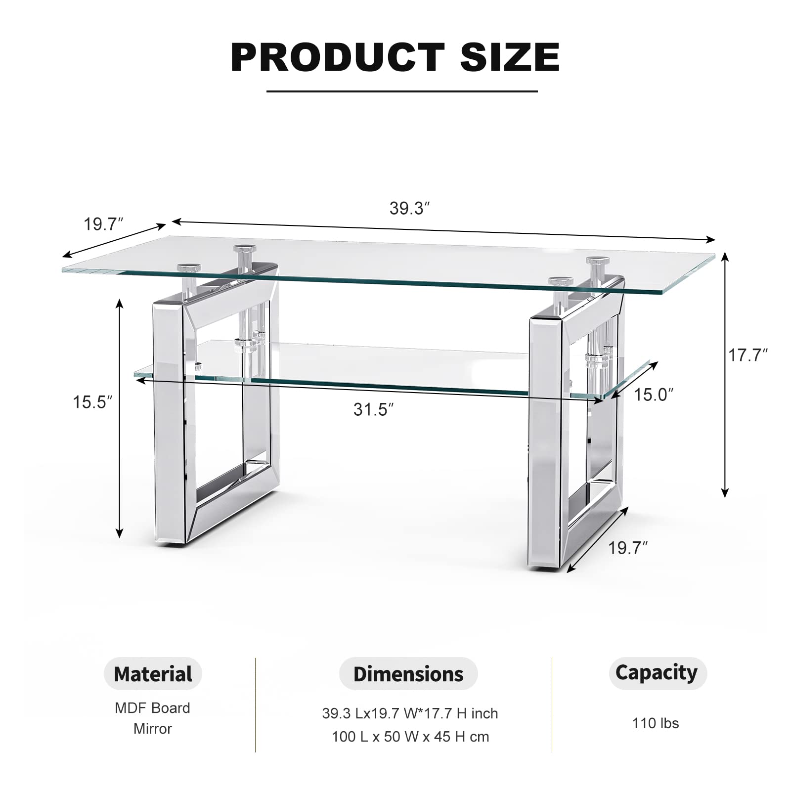 Glass Coffee Table with 2 Tier Glass Boards & Sturdy Metal Legs