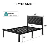 Twin Size Metal Bed Frame, Faux Leather Platform Bed Frame with Button Tufted