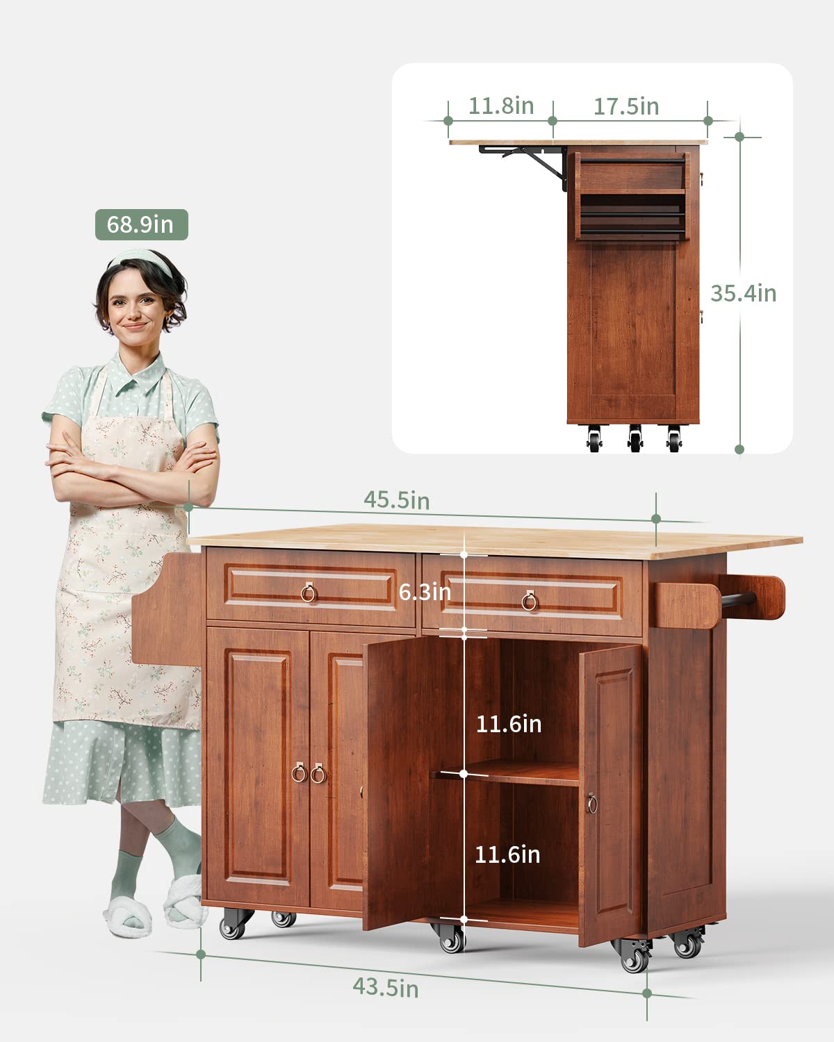 Kitchen Island with Drop Leaf and Storage, on Wheels Two Drawers