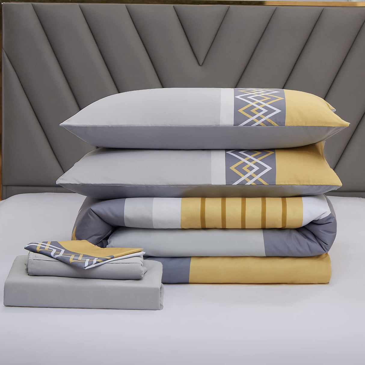 Patchwork Stripe Comforter Set Queen Size,6 Pieces Bed in A Bag,Grey and Yellow Patchwork Striped Comforter and Sheet Set,