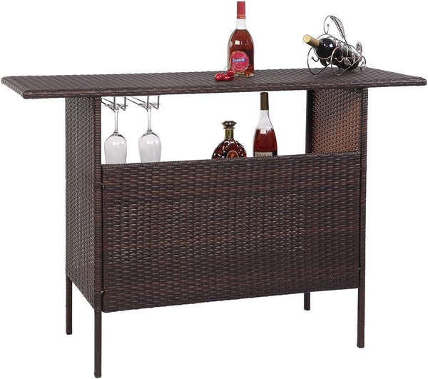 Wicker Outdoor Bar Table with 2 Steel Shelves, 2 Sets of Rails