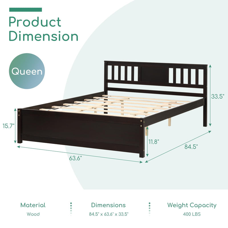 Queen Size Bed Frame, Wood Platform Bed Frame with Headboard, Solid Wood Foundation