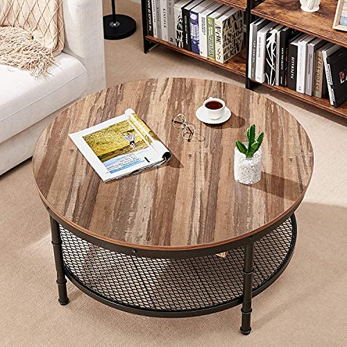 Coffee Table Round Small Industrial 2-Tier Coffee Table with Storage