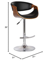 Butterfly Swivel Adjustable Barstool in Black Faux Leather and Walnut Wood Finish