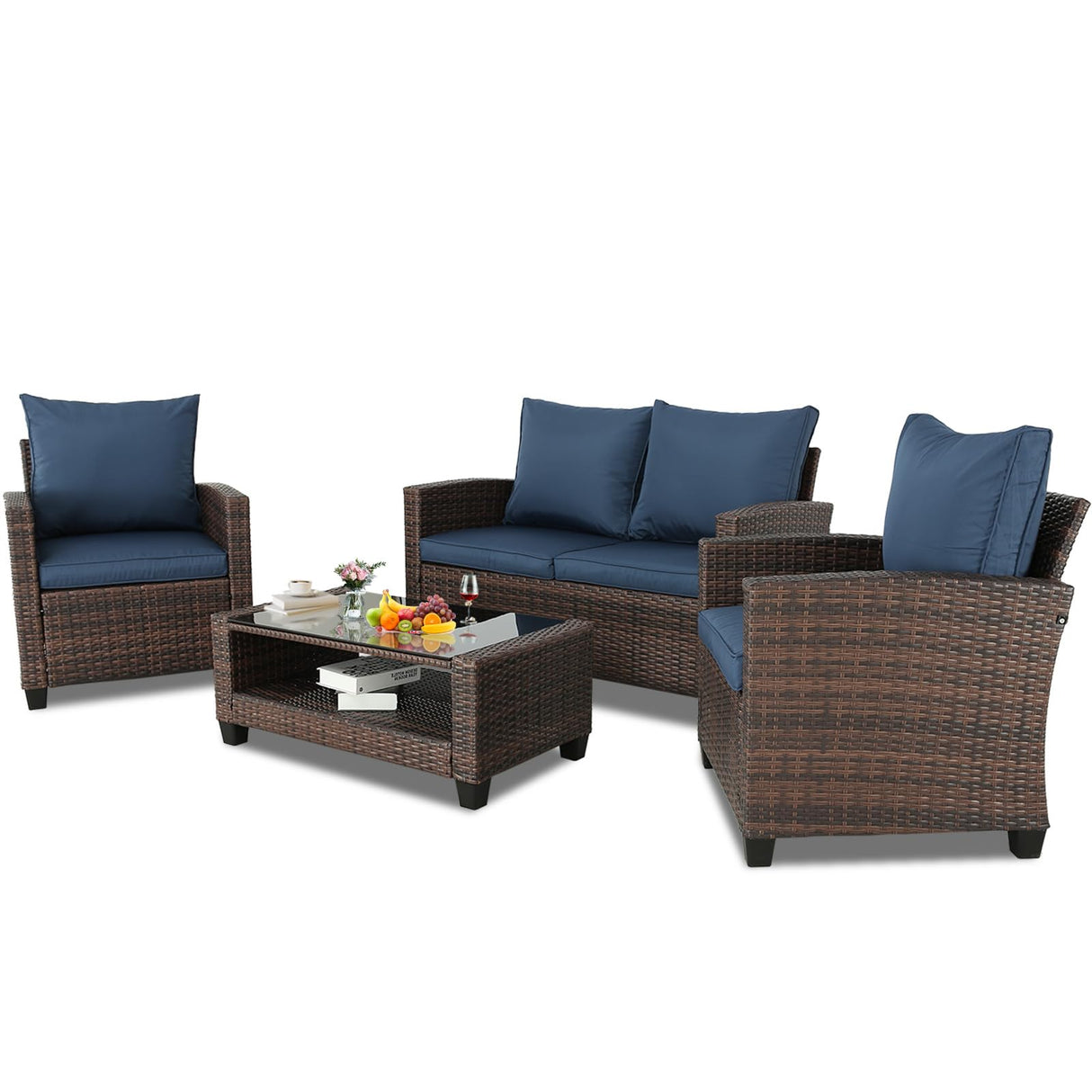 4-Piece Outdoor Patio Furniture Sets Wicker Sofa with Cushions and Coffee Table