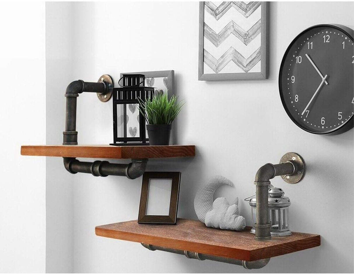 Industrial Pipe Shelf 2 Layer Pipe Design Rustic Wood Ladder Bookshelf DIY Wall Shelving