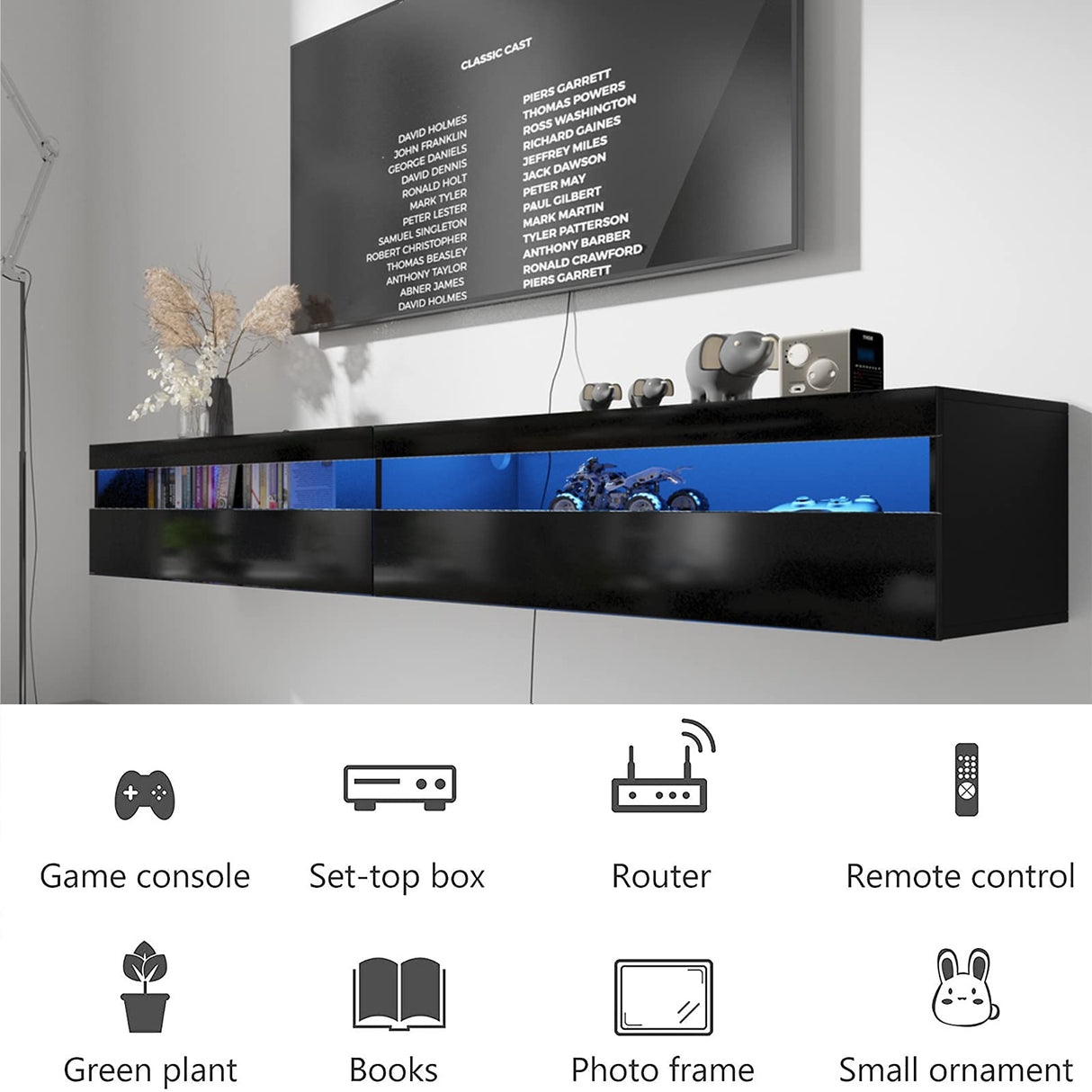 Floating TV Stand, Wall Mounted TV Shelf with Led Lights & Power Outlet