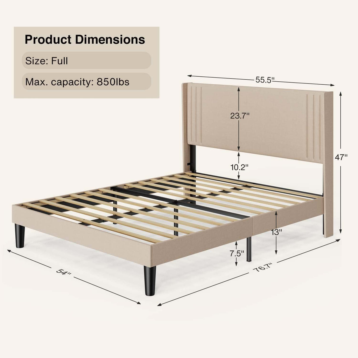 Full Bed Frame with Wingback Headboard, Upholstered Platform Bed with Modern