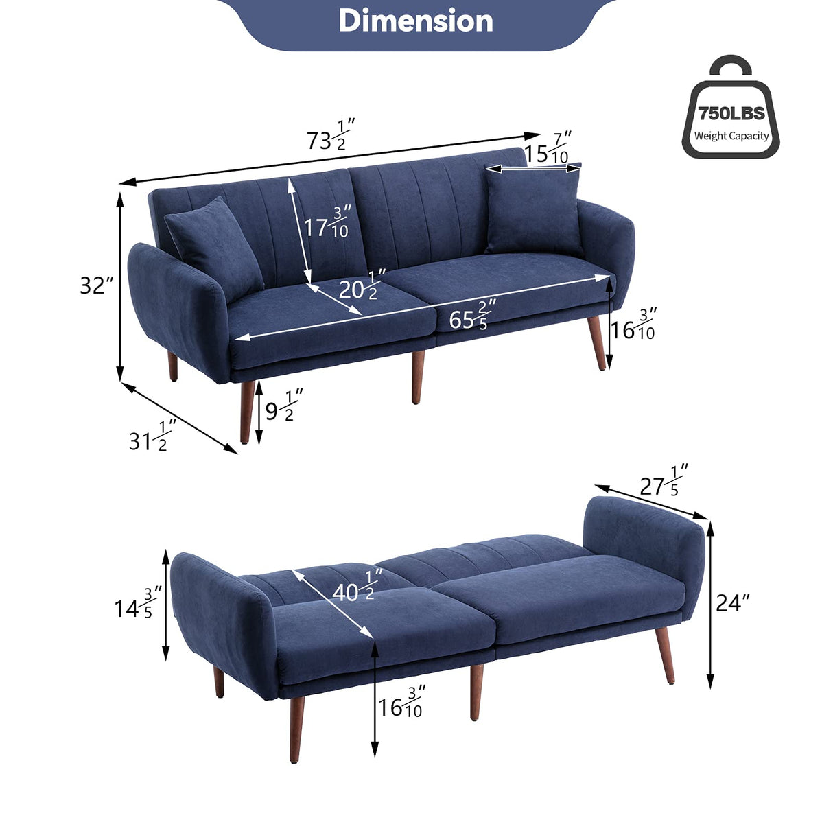 Convertible Futon Sofa Bed, Modern Upholstered Split-Back Foldable Sleeper Sofa Couches