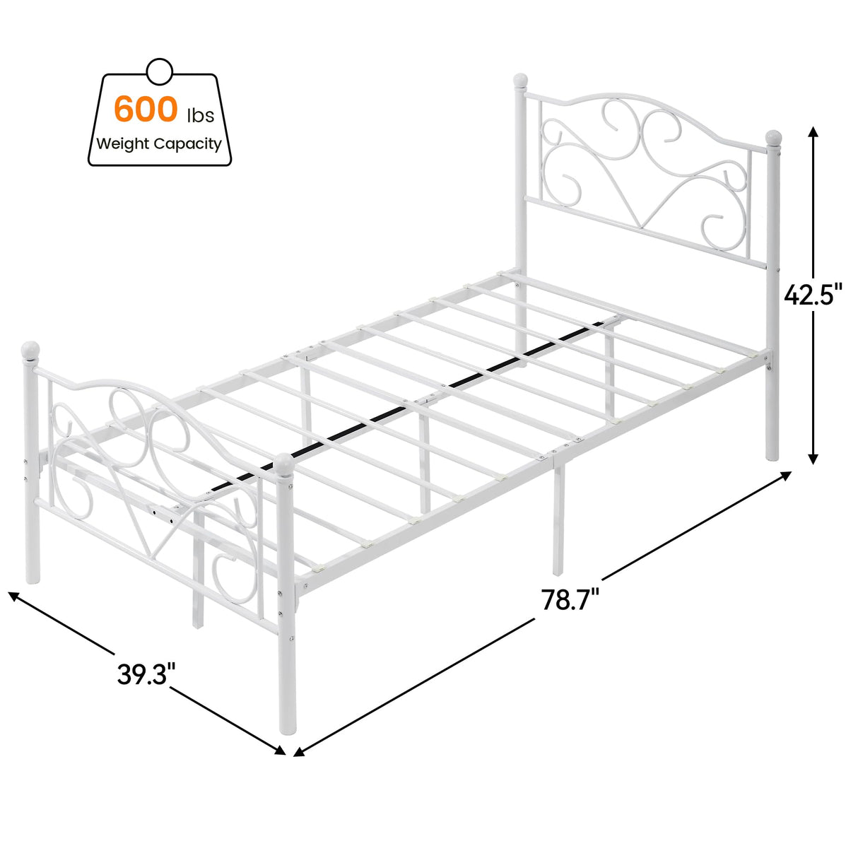 White Twin Bed Frame with Headboard and Footboard for Girls, Metal Platform Bed Frame