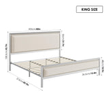 King Size Silver Metal Bed Frame with Velvet Upholstered Headboard, Platform Bed