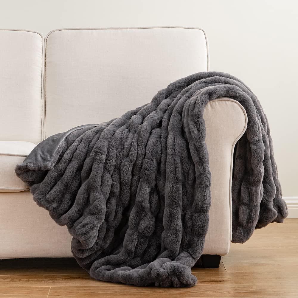 Soft Faux Rabbit Fur Throw Blanket - 50" x 60", Elegant Ruched Design Blanket