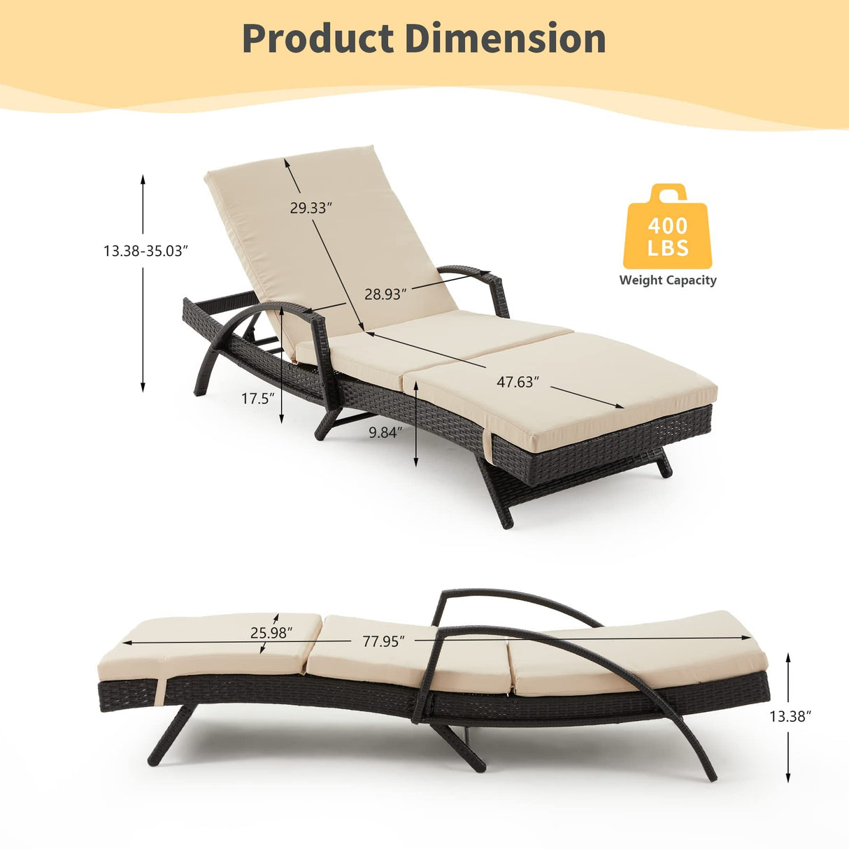 Patio Chaise Lounge 2 Sets with 5 Backrest Angles, Single