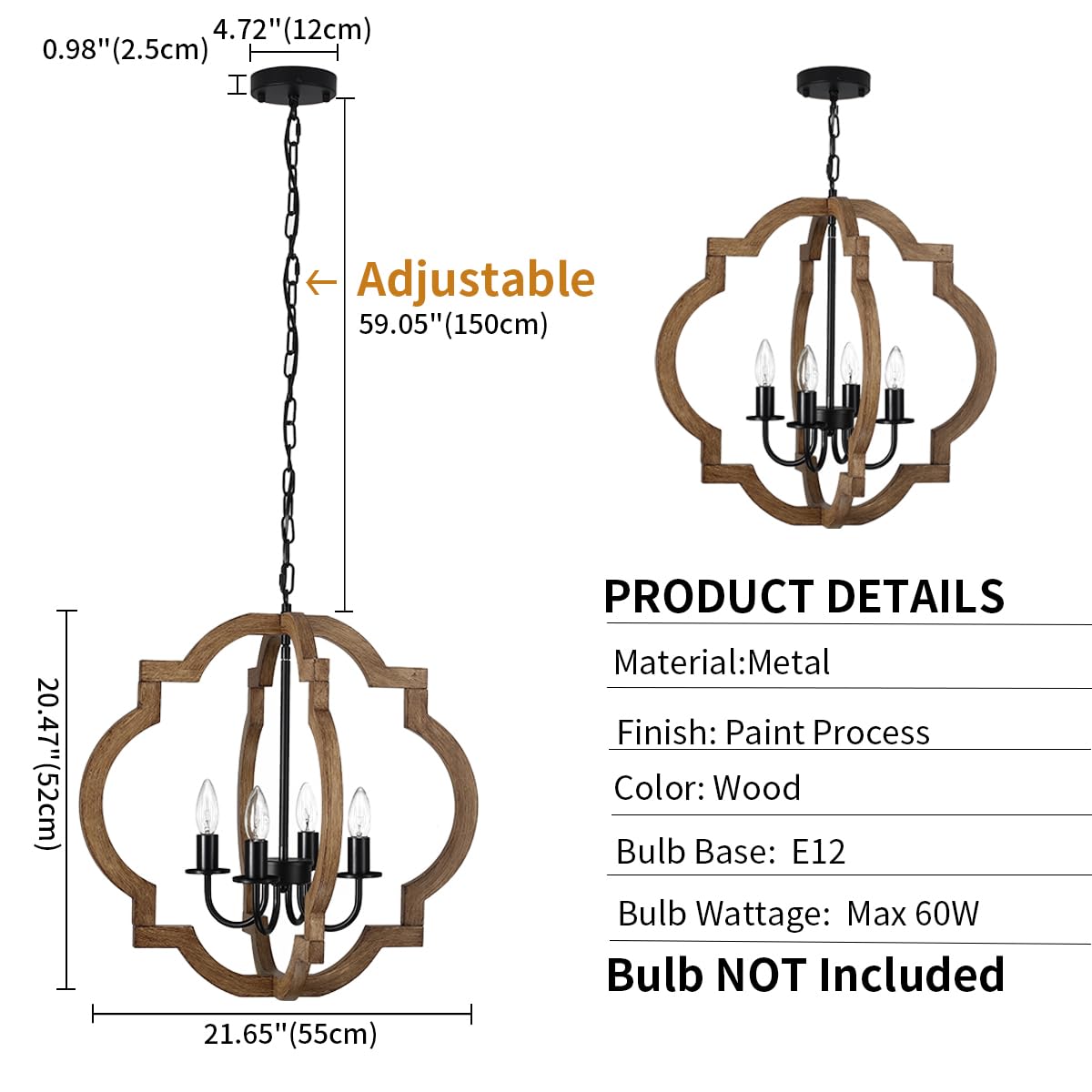 21.65'' Farmhouse Wood Chandelier, Rustic Orb Chandelier for Dining Room