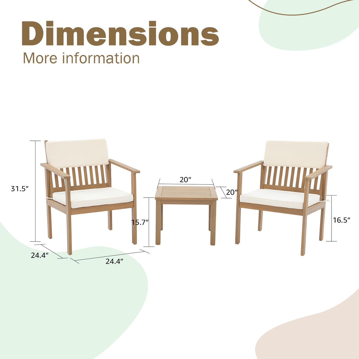 Patio Set 3 Piece Acacia Wood Outdoor Patio Furniture Set FSC Certified