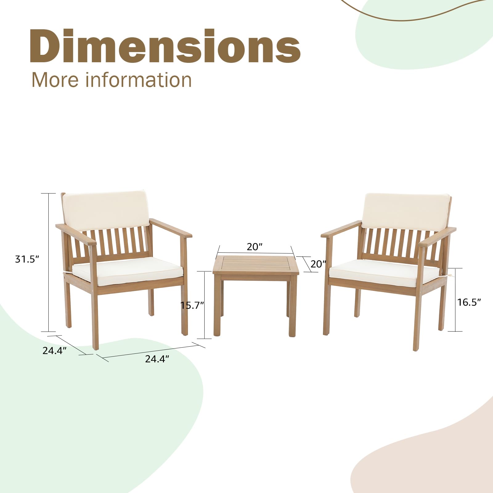 Patio Set 3 Piece Acacia Wood Outdoor Patio Furniture Set FSC Certified