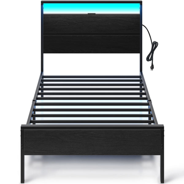 Bed Frame with Charging Station, Twin Bed with LED Lights Headboard, Metal Platform