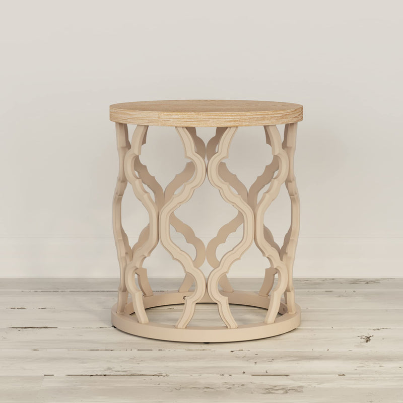 Farmhouse End Table, Distressed Wood Top Side Table with Curved Motif Frame Base