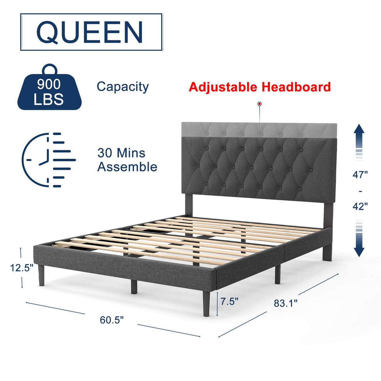 Queen Size Platform Bed Frame with Adjustable Headboard, Linen Fabric Wrap, Strong Frame and Wooden Slats Support