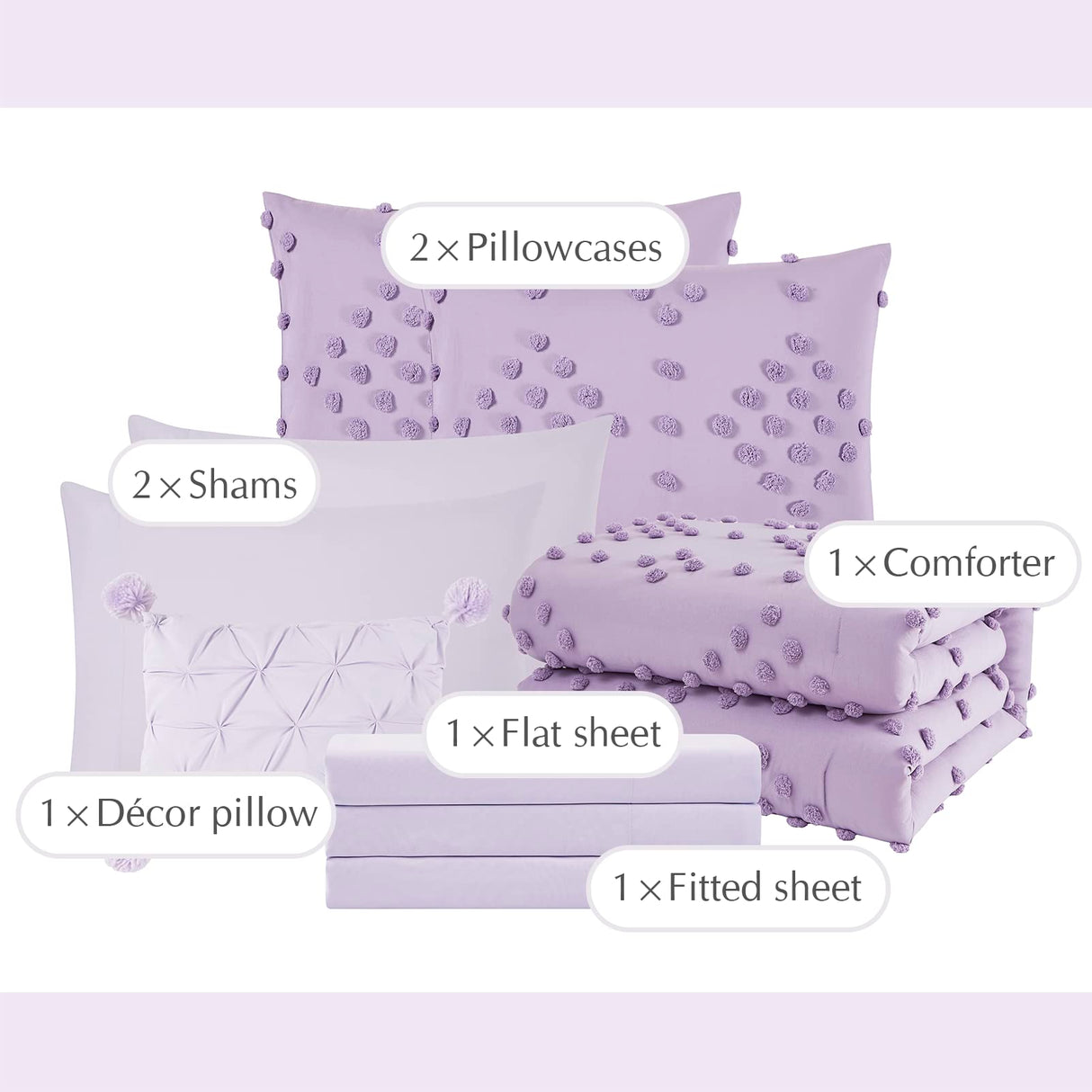 Queen Comforter Set, Purple 8 Pieces Aesthetic Pom Comforter Sets