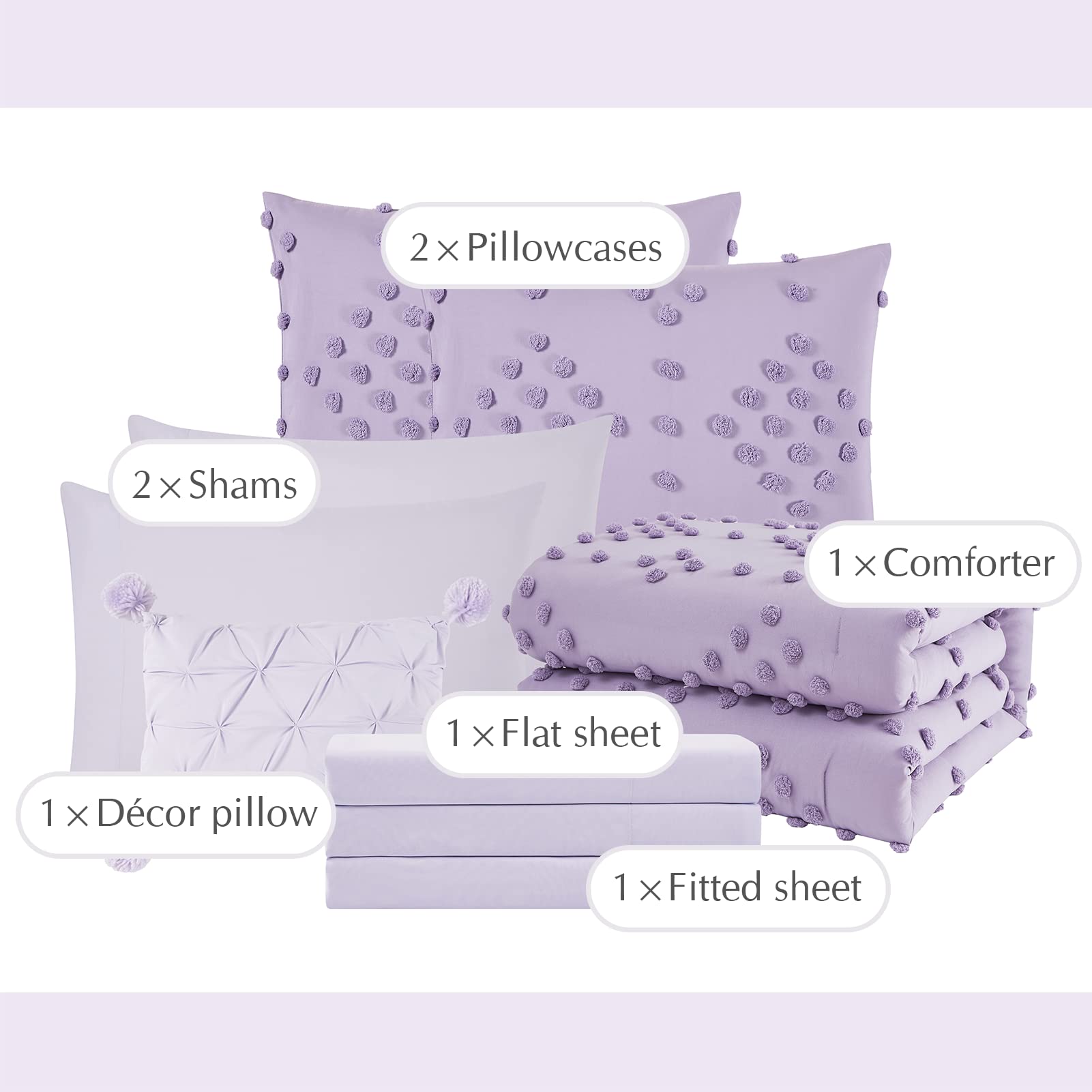 Queen Comforter Set, Purple 8 Pieces Aesthetic Pom Comforter Sets