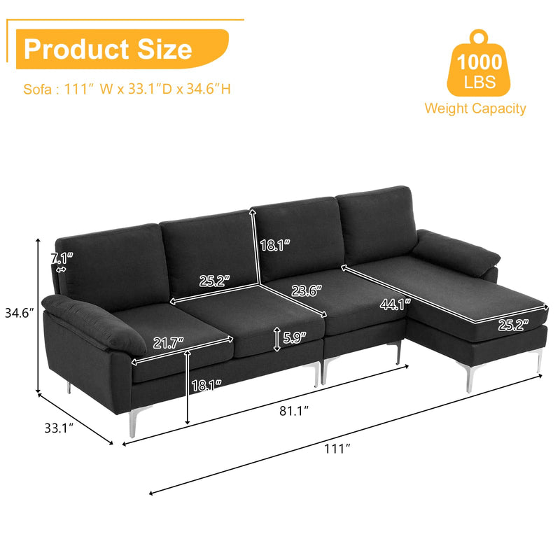 Convertible Sectional Sofa 110  L  Shape Sofa