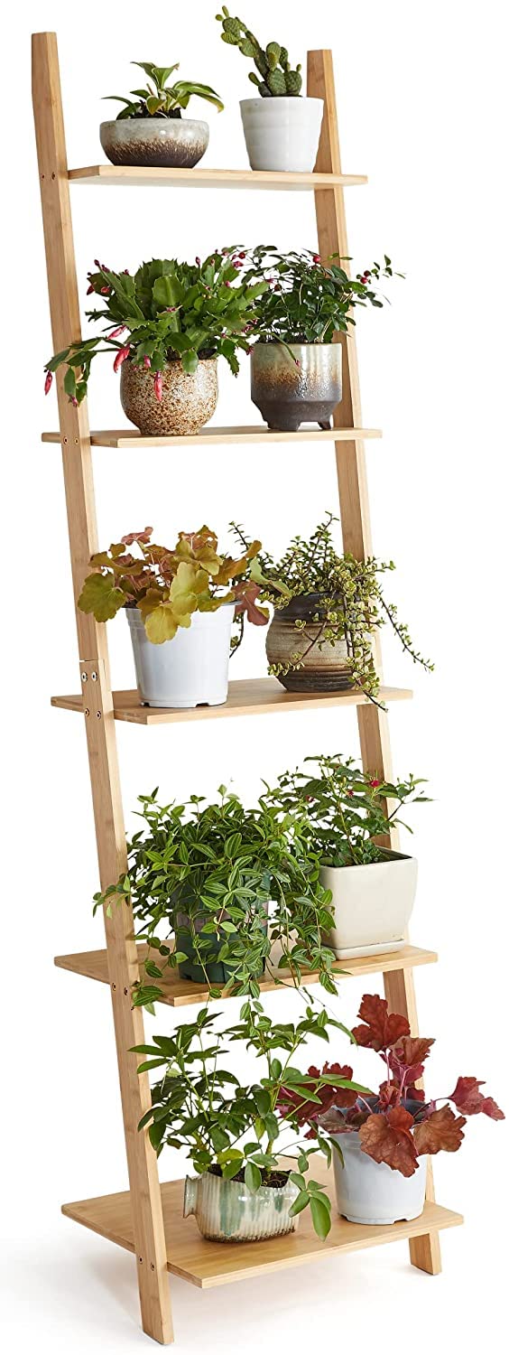 Ladder Shelf 5-Tier Bookshelf –Bamboo Storage Rack Shelves Wall Leaning Shelf