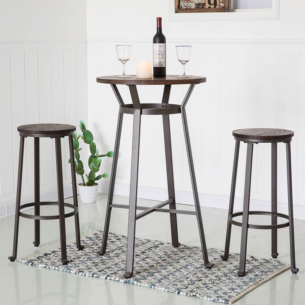 Rustic Steel Bar Table Round Wood Top Dining Room Pub Table Furniture