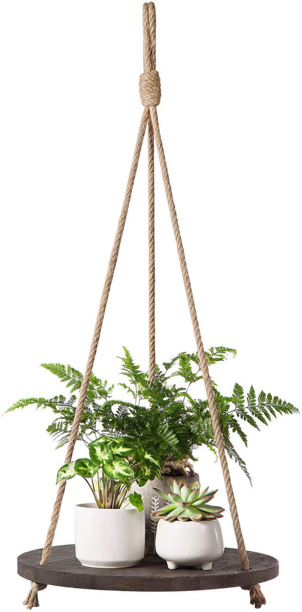 Hanging Plant Shelf Round Wood Rope Hanging Floating Shelf