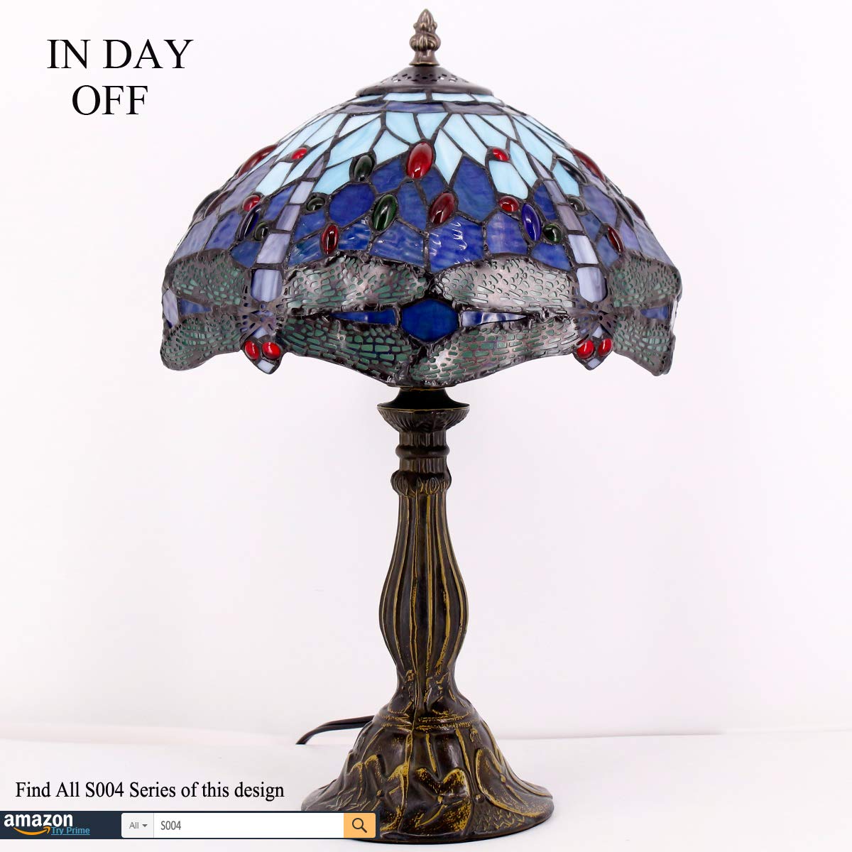 Tiffany Table Lamp Blue Stained Glass Dragonfly Style Bedside Desk