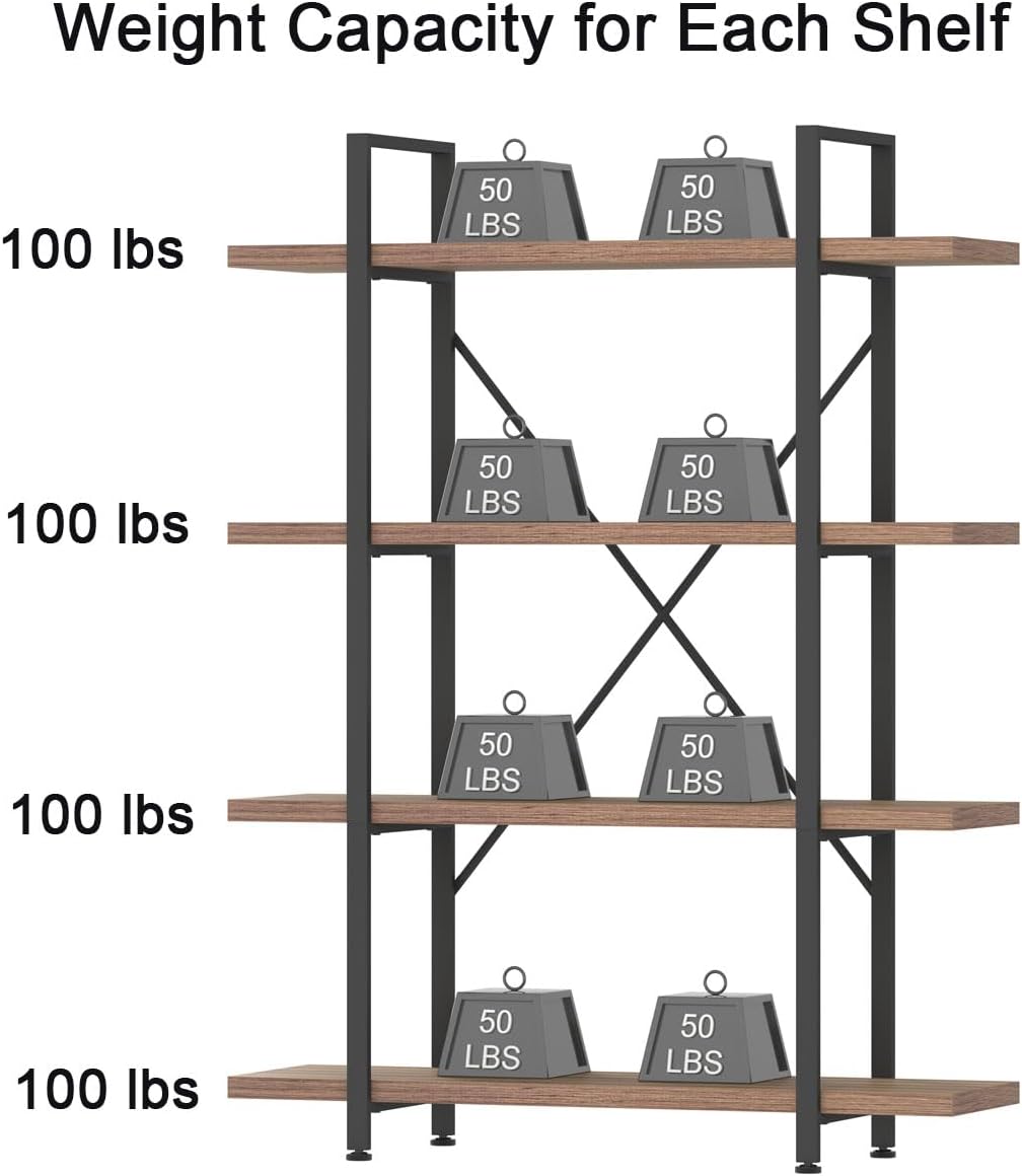 Industrial 4 Tier Bookshelf, Modern Metal and Wood