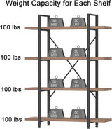Industrial 4 Tier Bookshelf, Modern Metal and Wood
