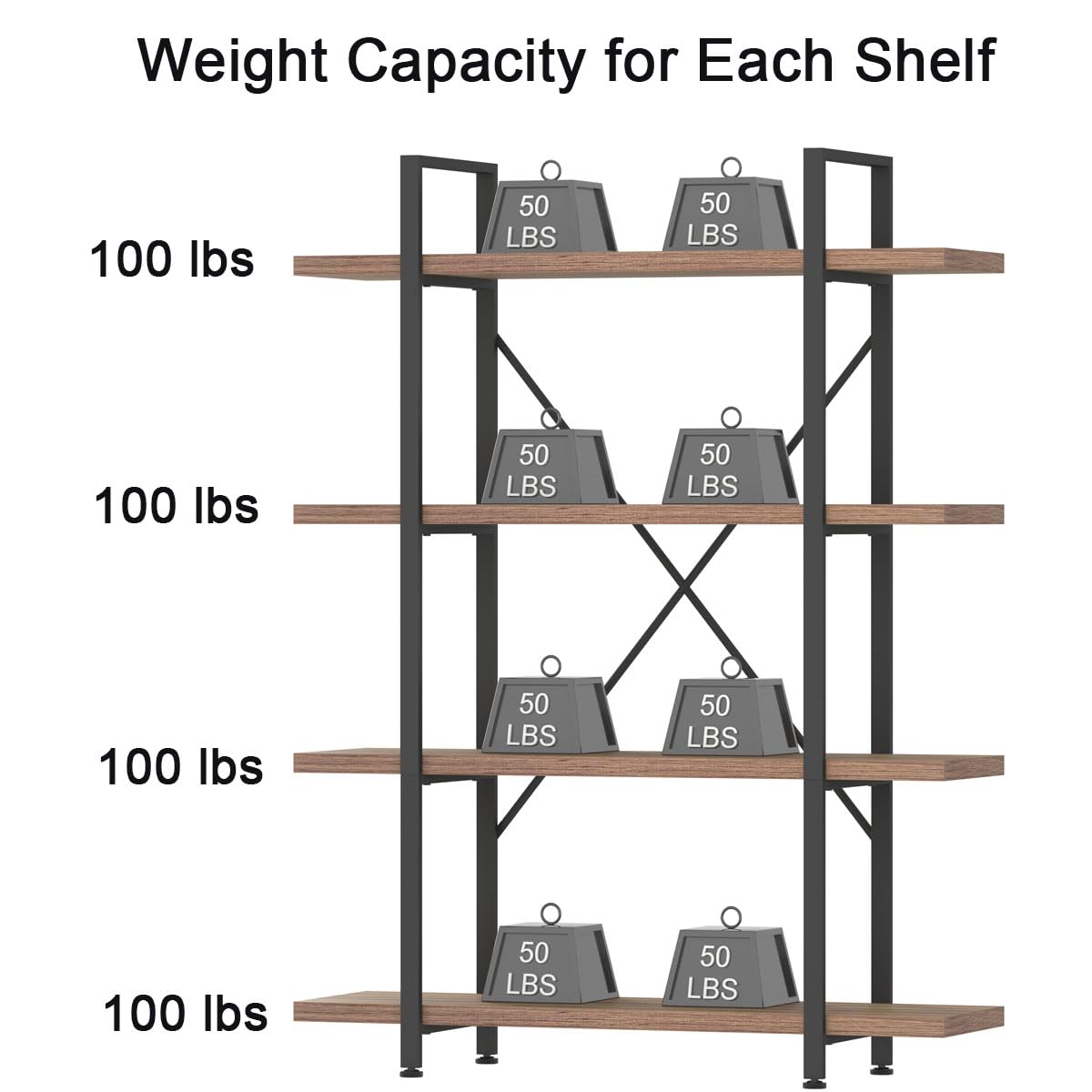 Industrial 4 Tier Bookshelf, Modern Metal and Wood