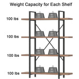 Industrial 4 Tier Bookshelf, Modern Metal and Wood
