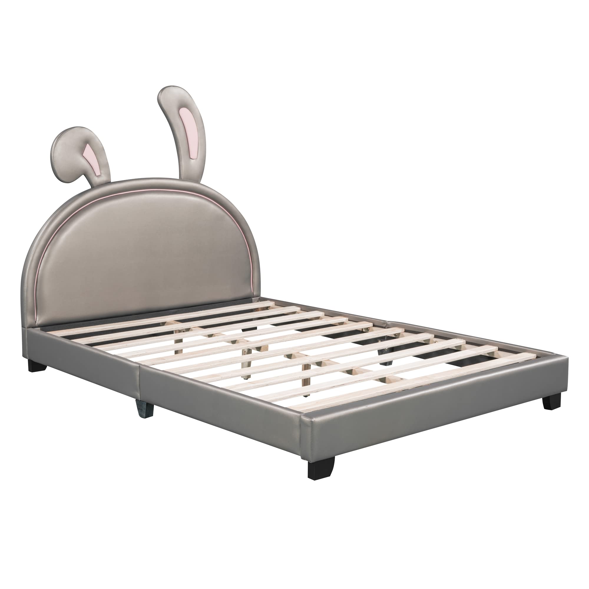 Full Size Upholstered Leather Platform Bed with Bunny Ears Headboard
