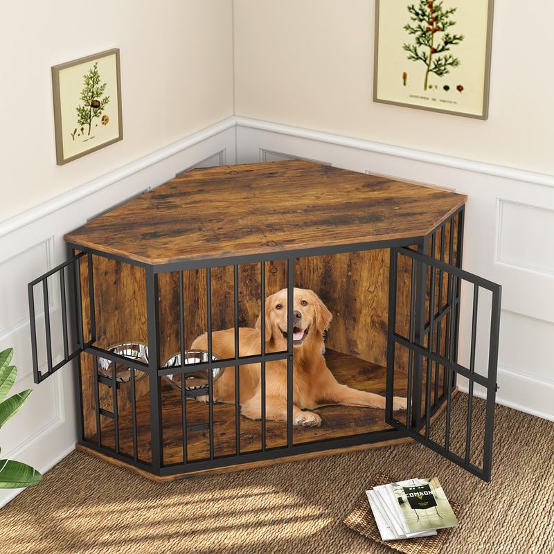53 inch Furniture Dog Crate Corner, Dog Kennel Corner Wooden End Table with Bowl