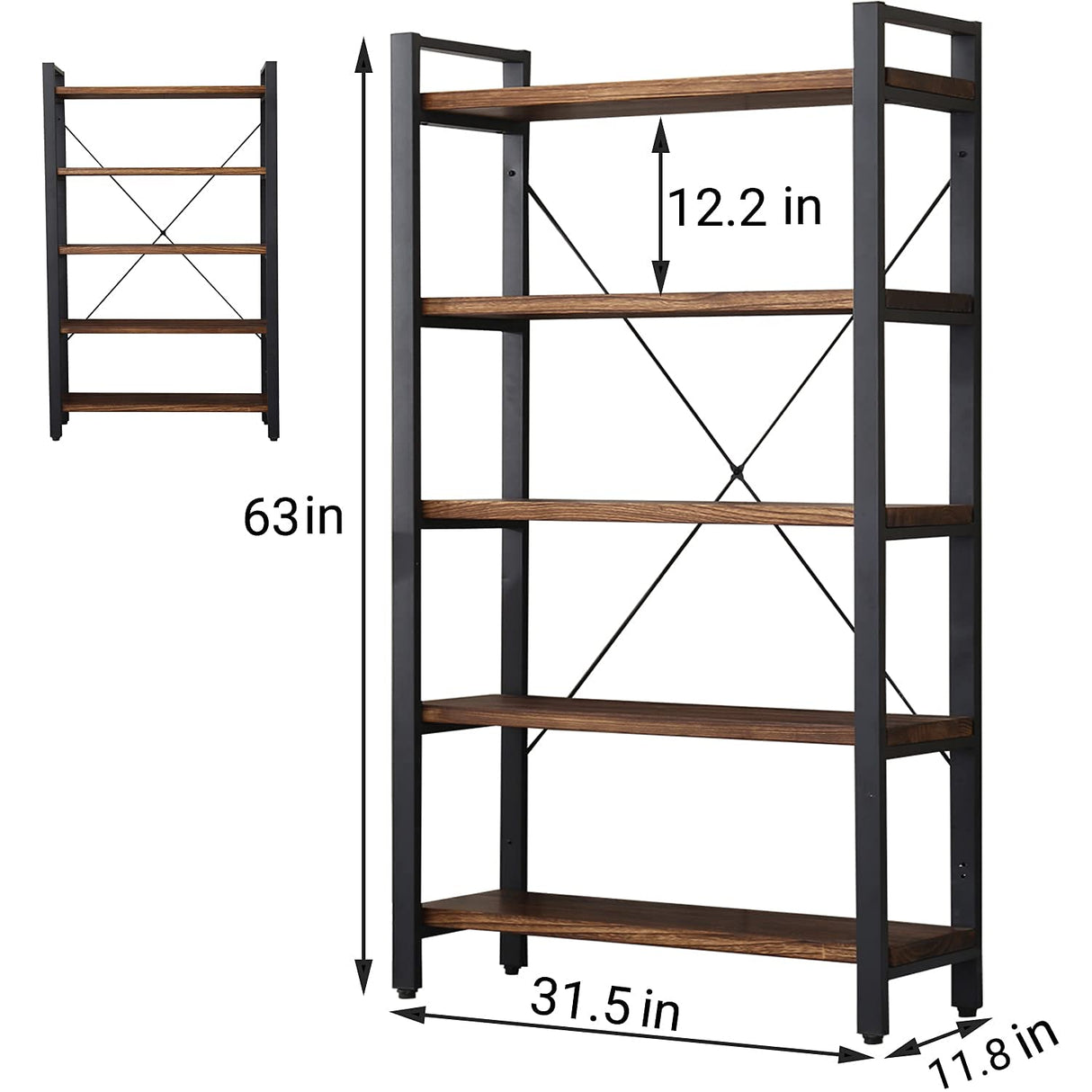 5 Tier Bookcase, Solid Rustic Industrial Etagere Bookcase