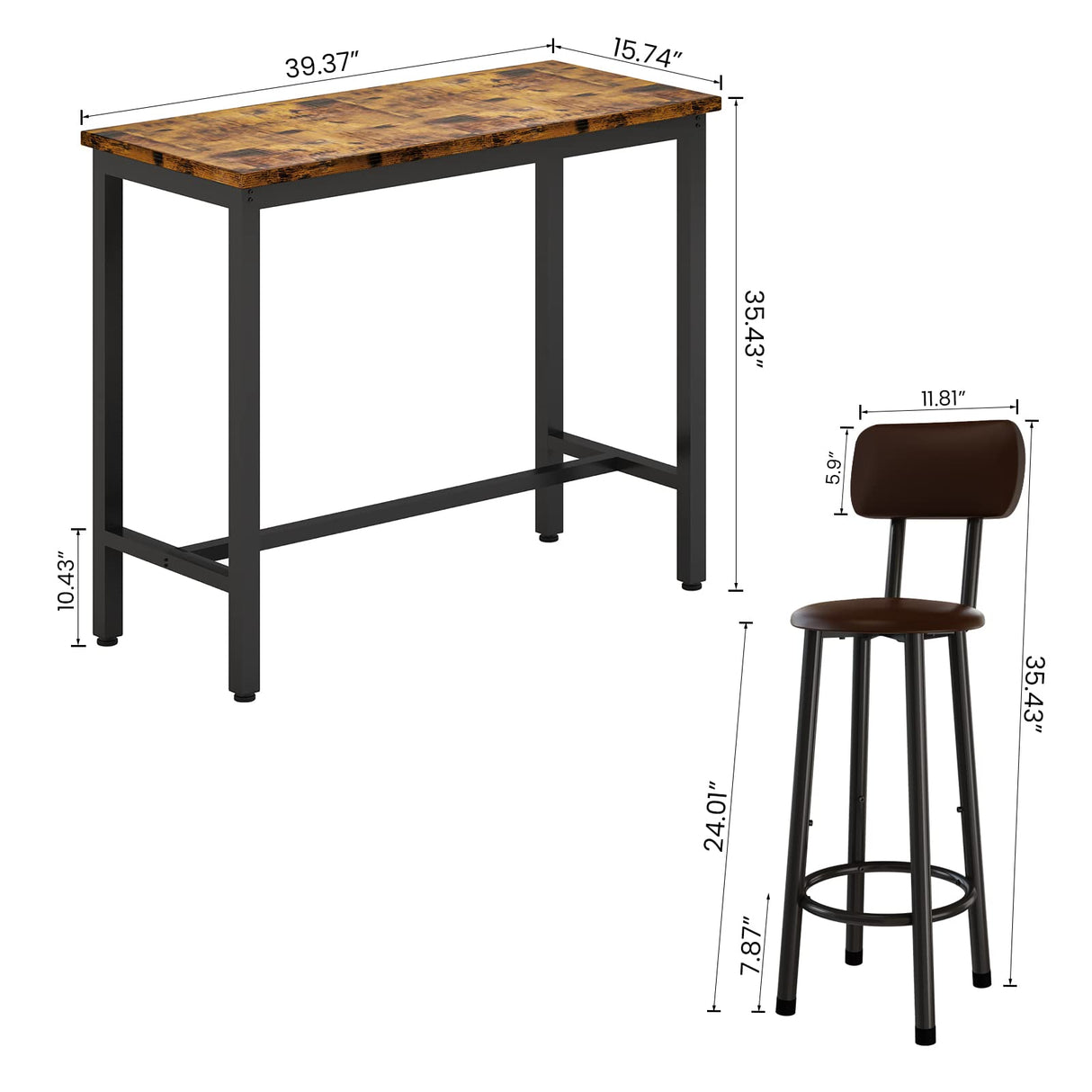 Bar Table Set of 2,39.3" Pub Height Table & 2 PU Upholstered Stools