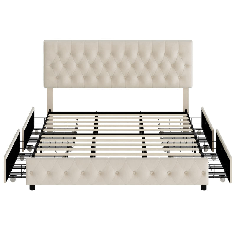 Modern Upholstered Bed Frame with 4 Storage Drawers, Button Tufted Headboard Design