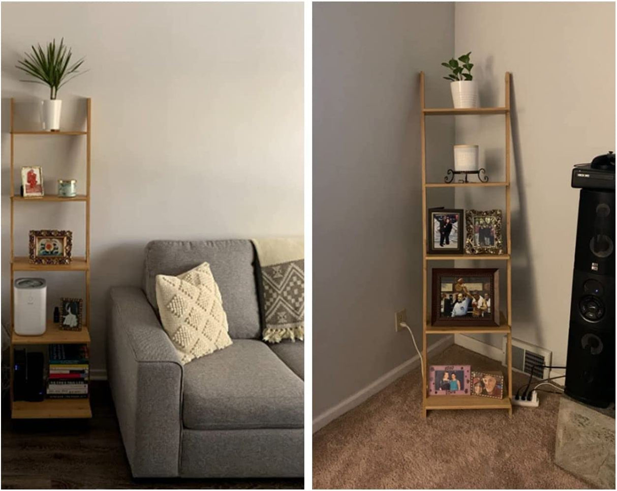 Ladder Shelf 5-Tier Bookshelf –Bamboo Rack Shelves Wall Leaning Shelf