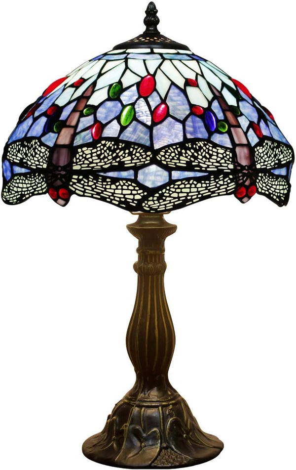 Tiffany Table Lamp Blue Stained Glass Dragonfly Style Bedside Desk Reading Light 12X12X18 Inches