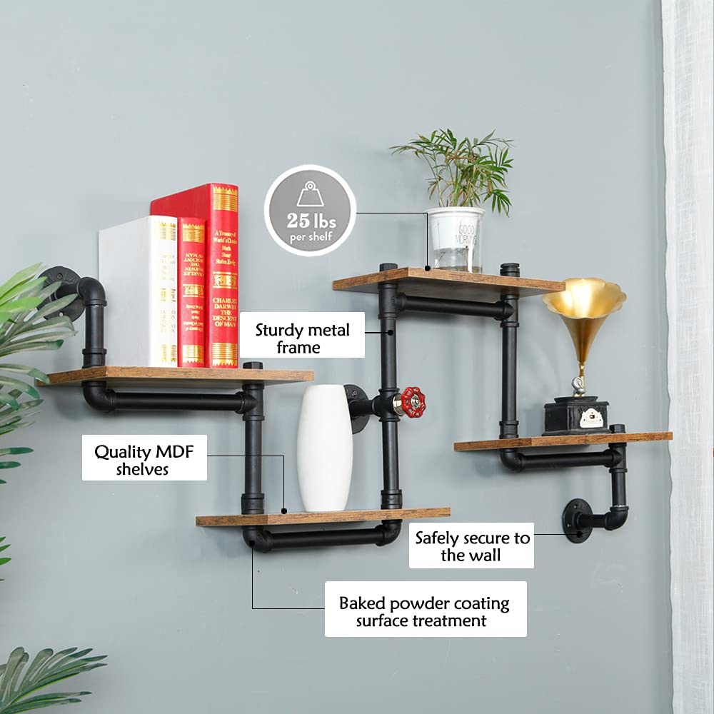 Industrial Pipe Shelving, Pipe Shelves with Wood Planks, Floating Shelves Wall Mounted