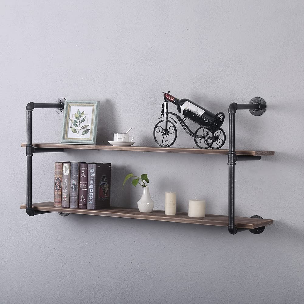 Industrial Pipe Shelving Wall Mounted,Rustic Metal Floating Shelves,Real Wood Book