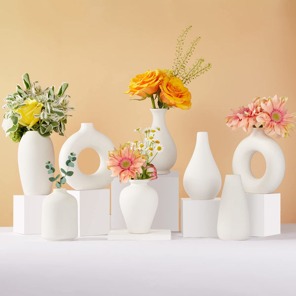 Bud Vase Set of 8, Small Ceramic Vase for Flowers, White Ceramic Mini Bud Vase