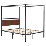 Full Size Metal Canopy Bed Frame with Wooden Headboard, 4-Poster